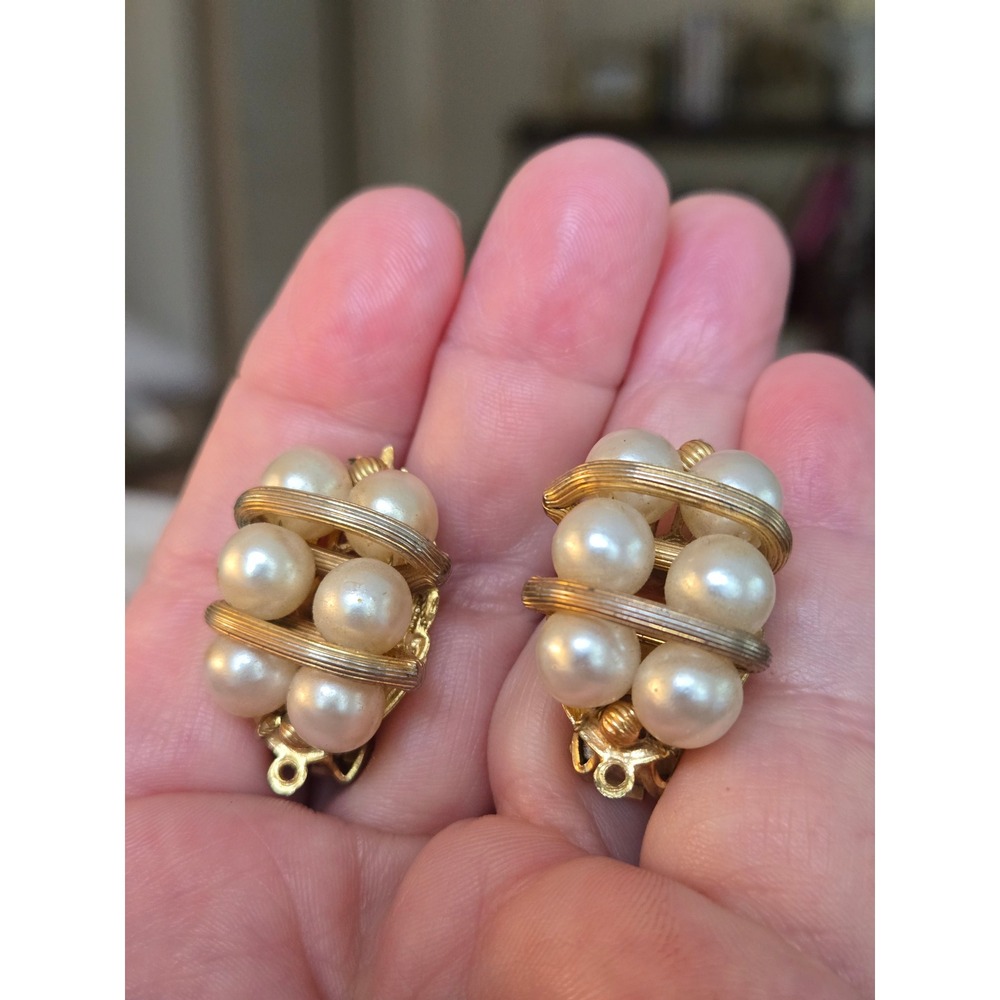 Hobe Goldtone Pearl Double Row Earrings Signed Vintage